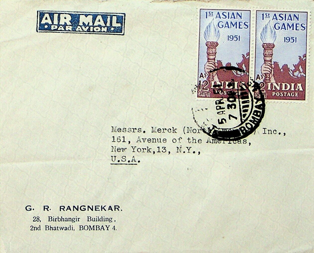INDIA 1951 1st ASIAN GAMES 12as PAIR ON A/M  BOMBAY COVER TO MERCK USA