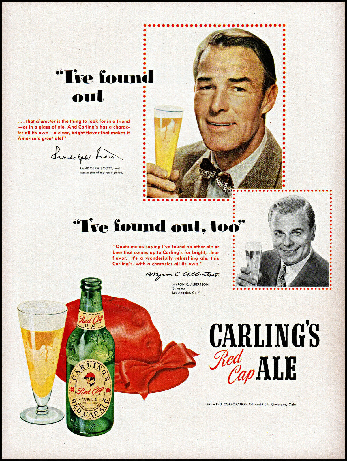 1950 Randolph Scott Photo Carling's Red Cap Ale M Albertson Vintage Print Ad L27