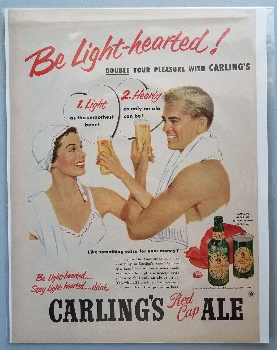 1952 Carlings Red Cap Ale Beer Can Bottle Art 1950s Cleveland Vintage Print Ad
