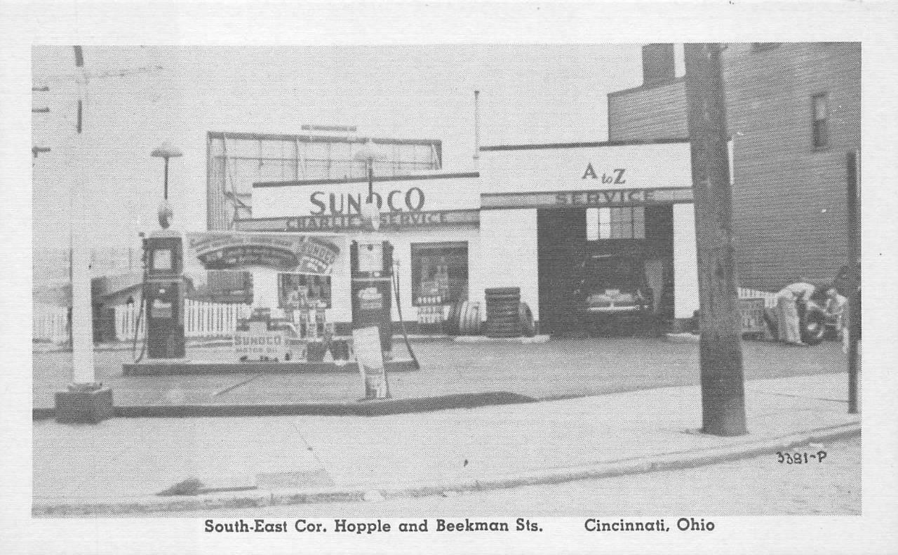 Sunoco Gas Station Hopple & Beekman Streets Cincinnati Ohio Postcard (c. 1930s)