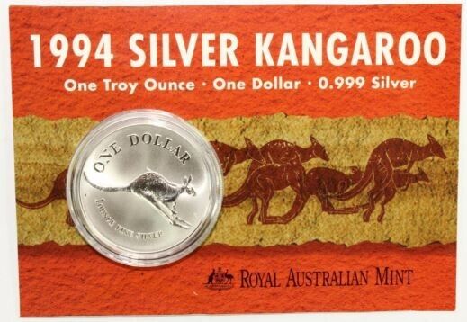 1994 C Australia Kangaroo 1 OZ Silver Dollar - Original Royal Mint Card