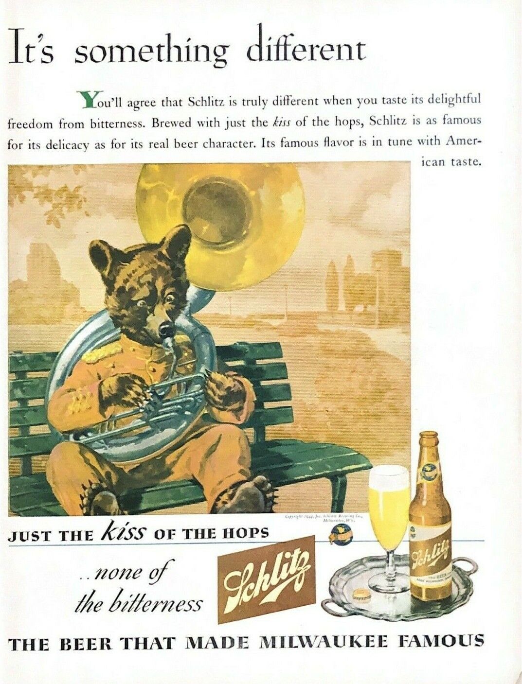 1944 Schlitz Beer Vintage Print Ad WWII Teddy Bear It's Something Different