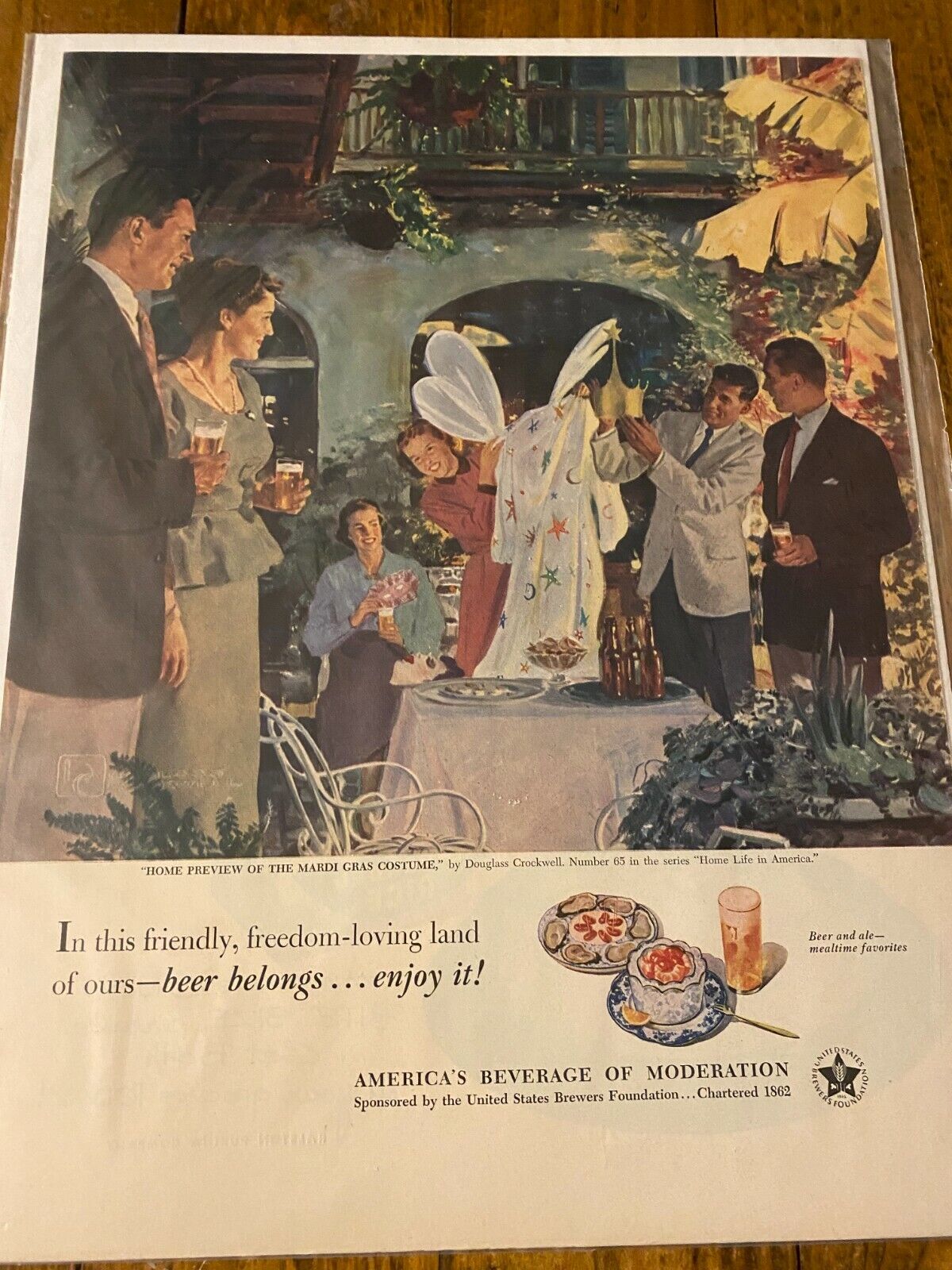 Vintage 1953 Beer Belongs Mardi Gras Costume Douglass Crockwell Art ad