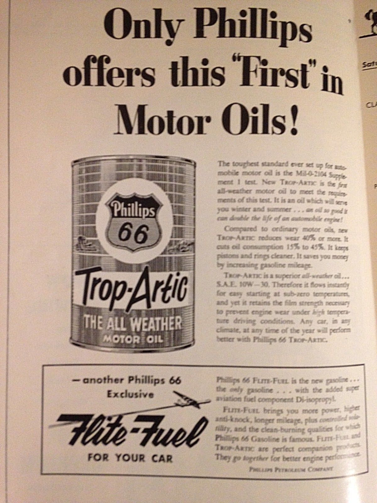 1955 Vtg Magazine Print Ad 8"x11" Phillips 66 Trop-artic Motor Oil All Weather