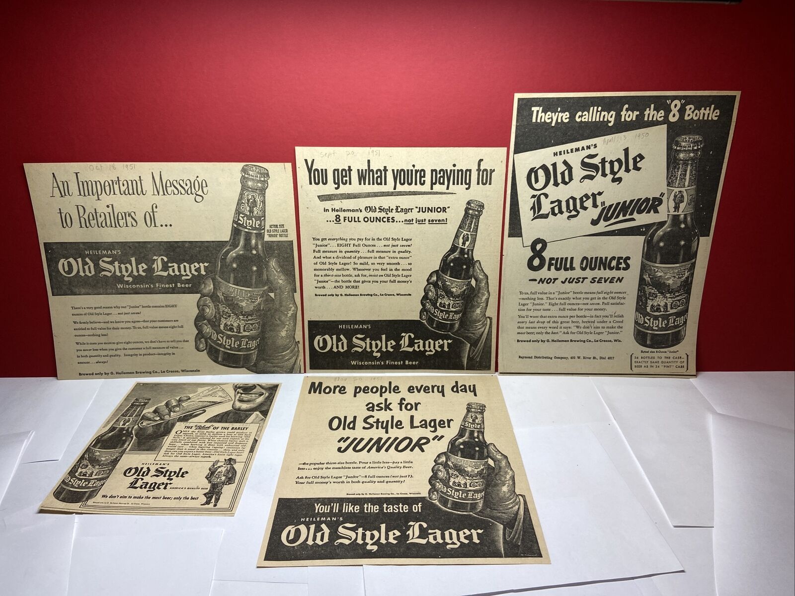 5 1951 Advertising Ads 8 oz Heilemans Old Style Lager Beer La Crosse WI Wis
