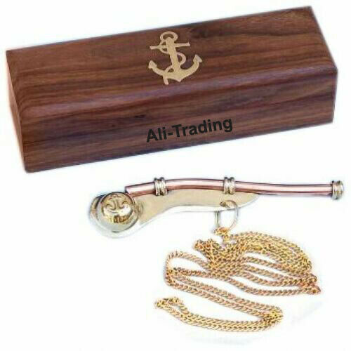 Brass Copper Boatswain Whistle Bosun Call Pipe Nautical Maritime W/ Wooden Box