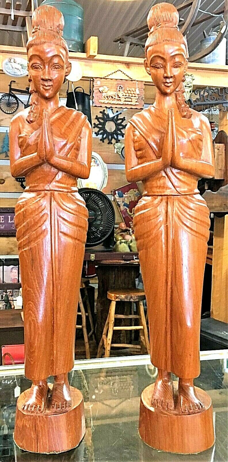 Two Vintage Teak? Wood Statues Asian Women