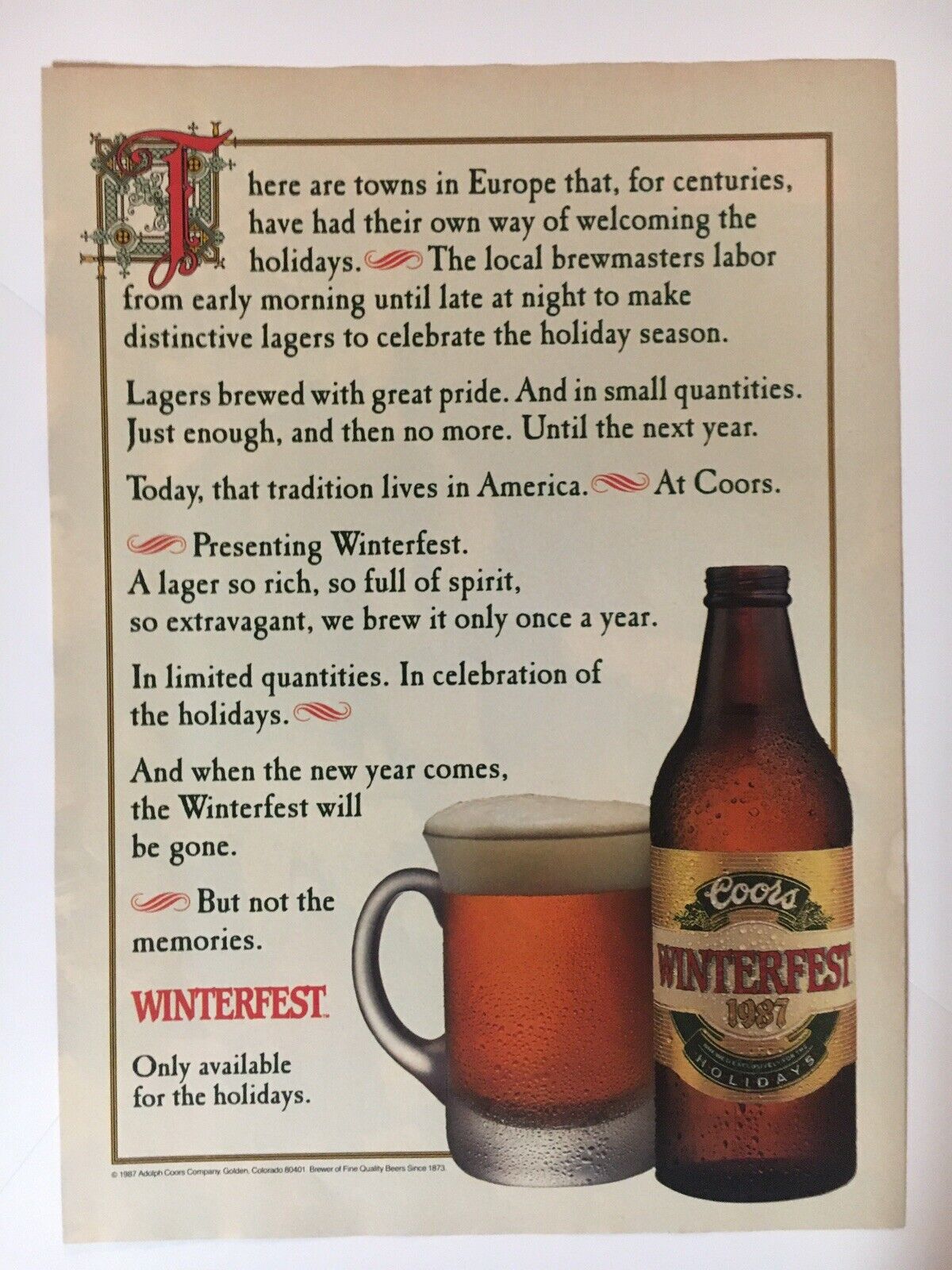 Coors Beer Winterfest 1987 Vintage Print Ad 8x11 Inches Bar Decor