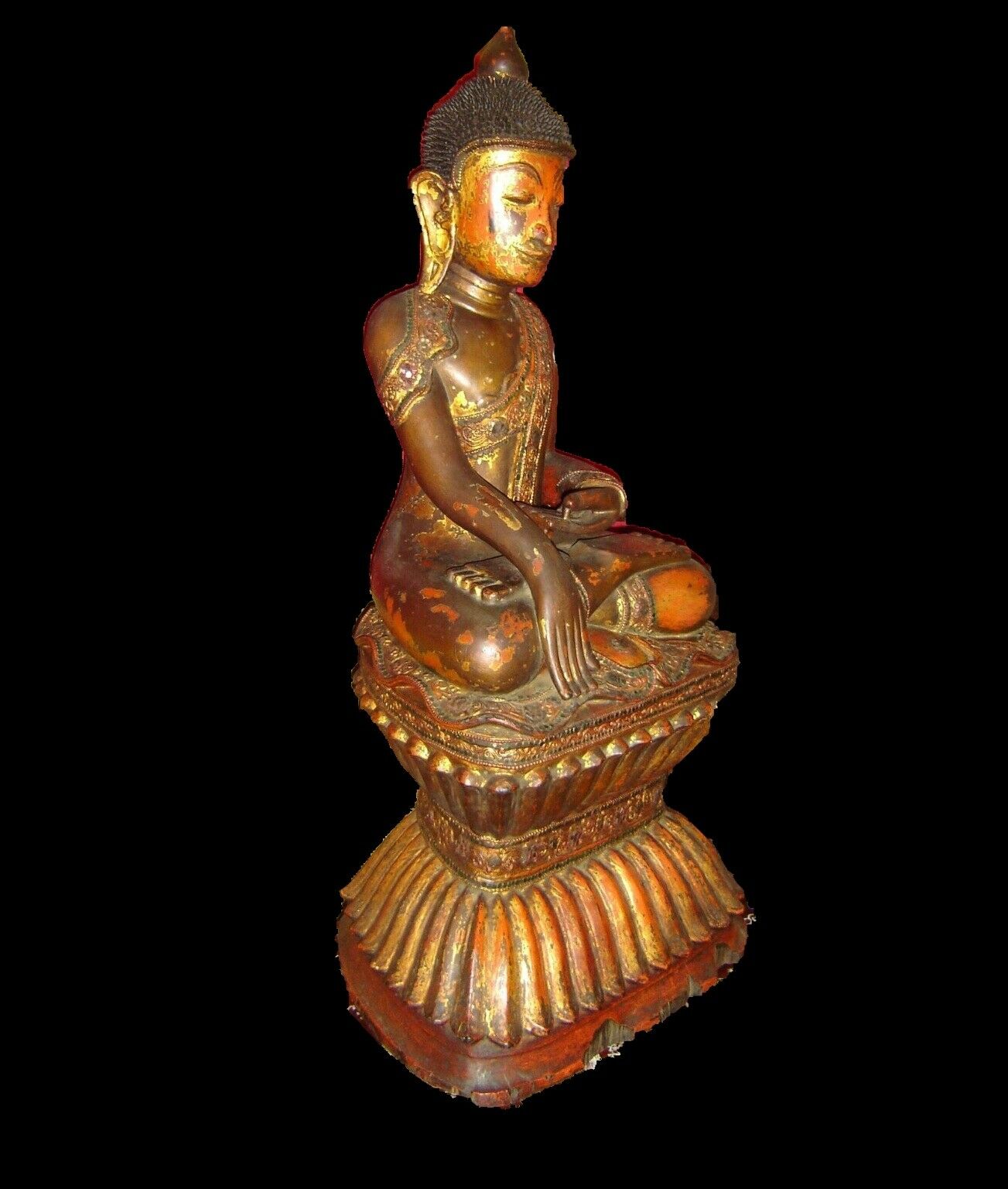 Antique Huge Burma Or Hindu Ava Shan Buddha Statue Carved Gilded Wood And Glass.