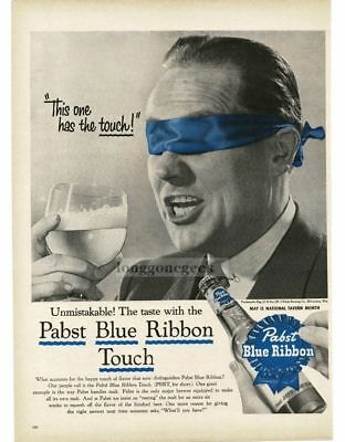1956 Pabst Blue Ribbon Beer Man Wearing Blindfold Vintage Print Ad