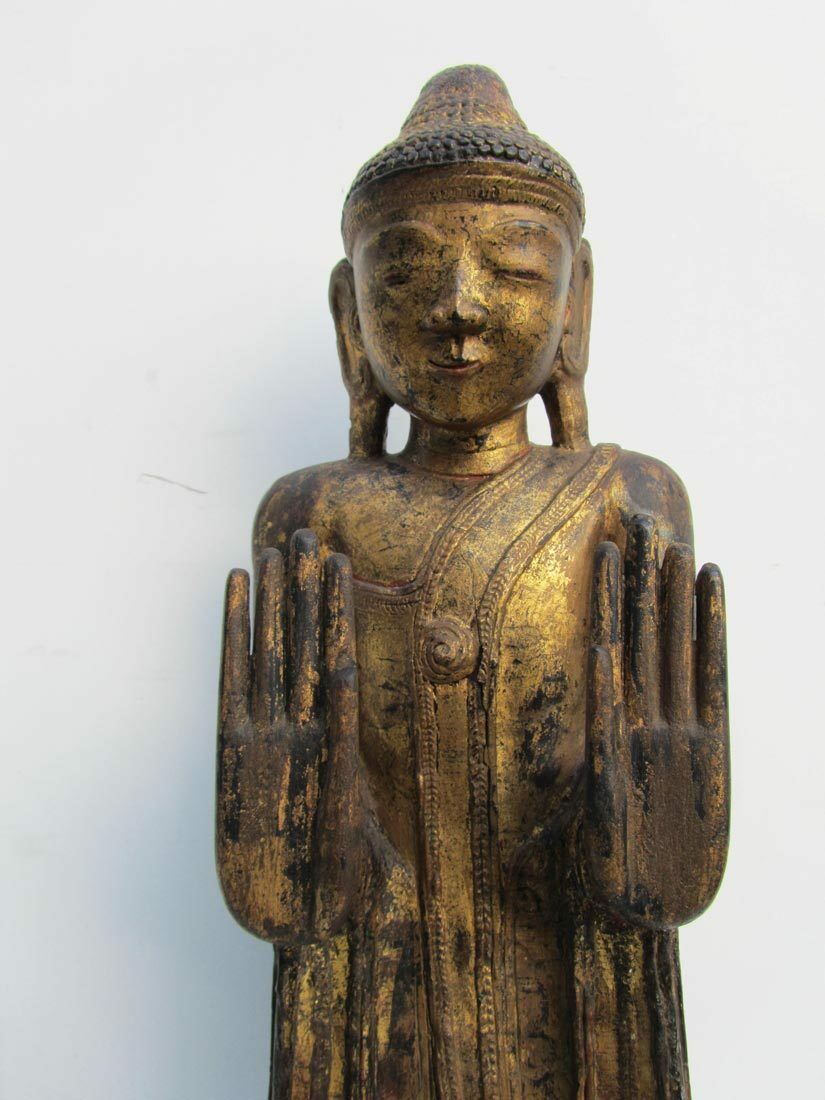 Antique Carved Wooden Gilded Statue of Standing BUDHA on Lotus Base