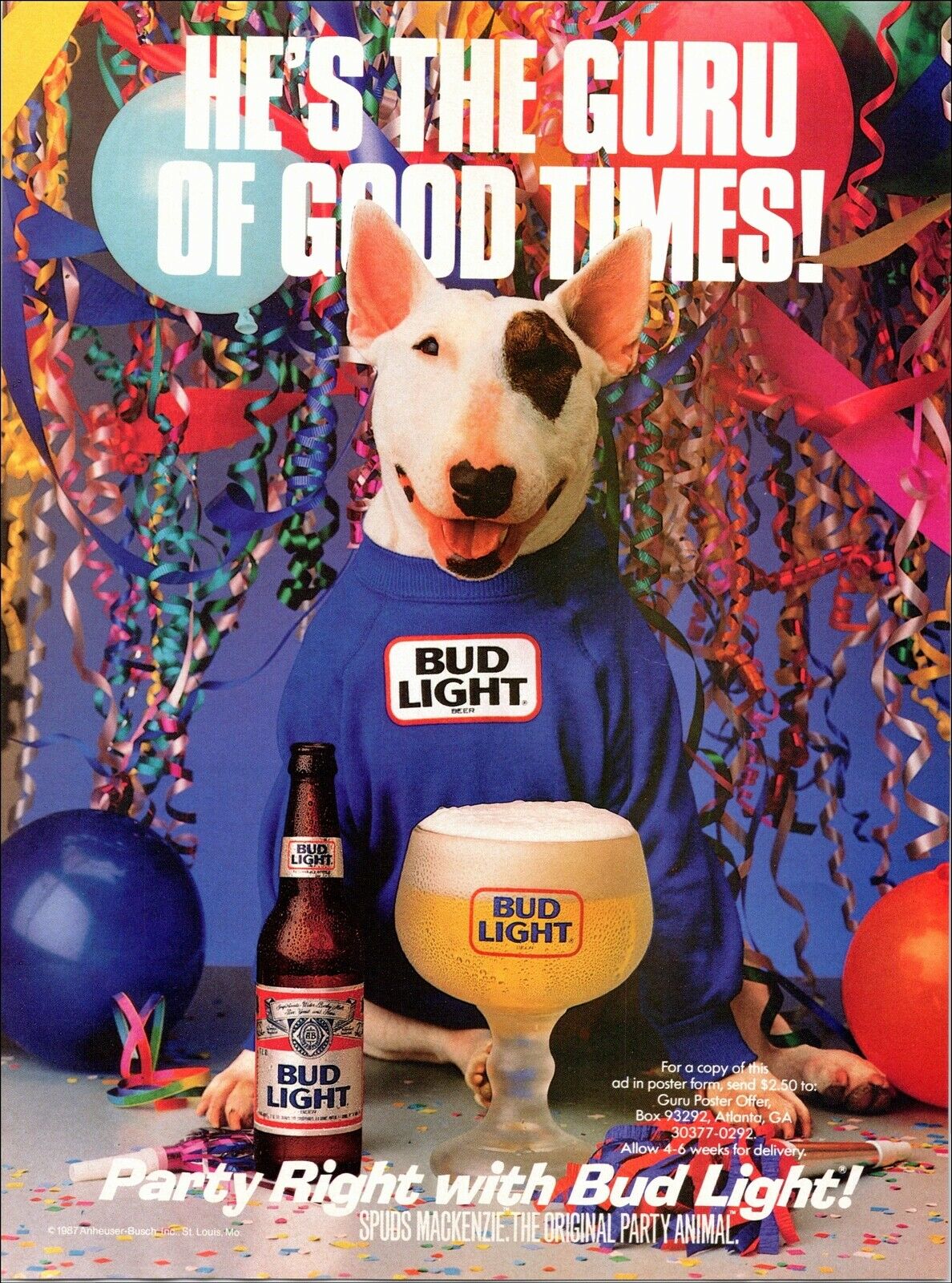 Spuds Mackenzie Party Animal Beer Vintage 1987 Bud Light Anheuser Busch