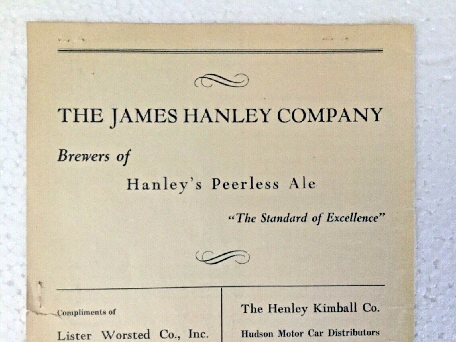 Vintage 1939 Hanley's Peerless Ale Beer Advertisement James Hanley Co. Prov. RI