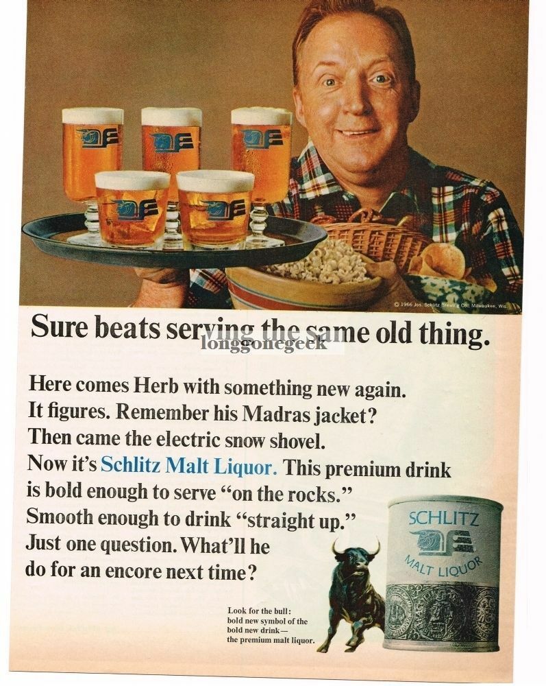 1966 SCHLITZ MALT LIQUOR Beer Man Serving It On The Rocks Popcorn Vintage Ad