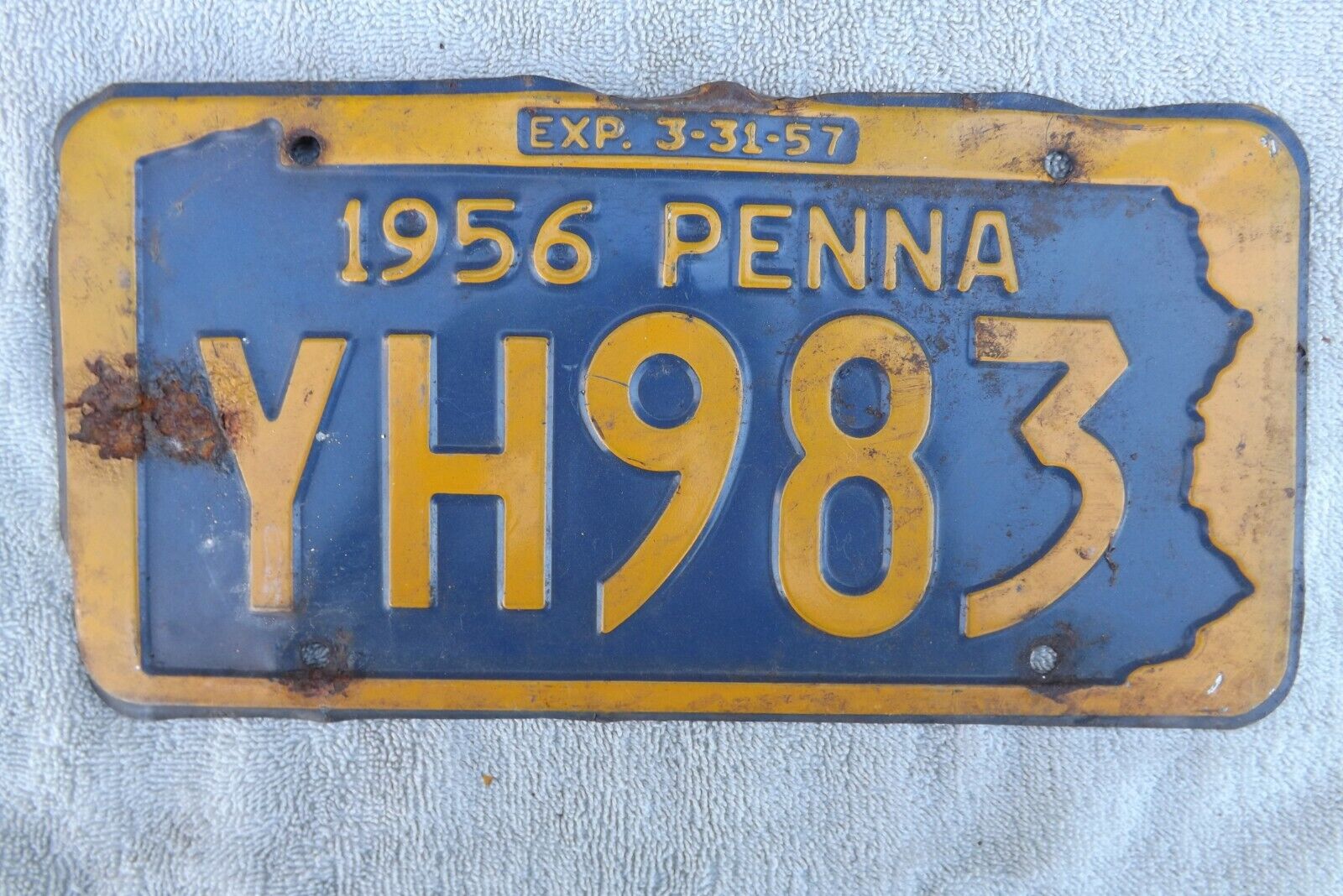 1956 (Exp 3-31-57) Pennsylvania PA  YH983 License Plate Bent, Some Rust+Dirt
