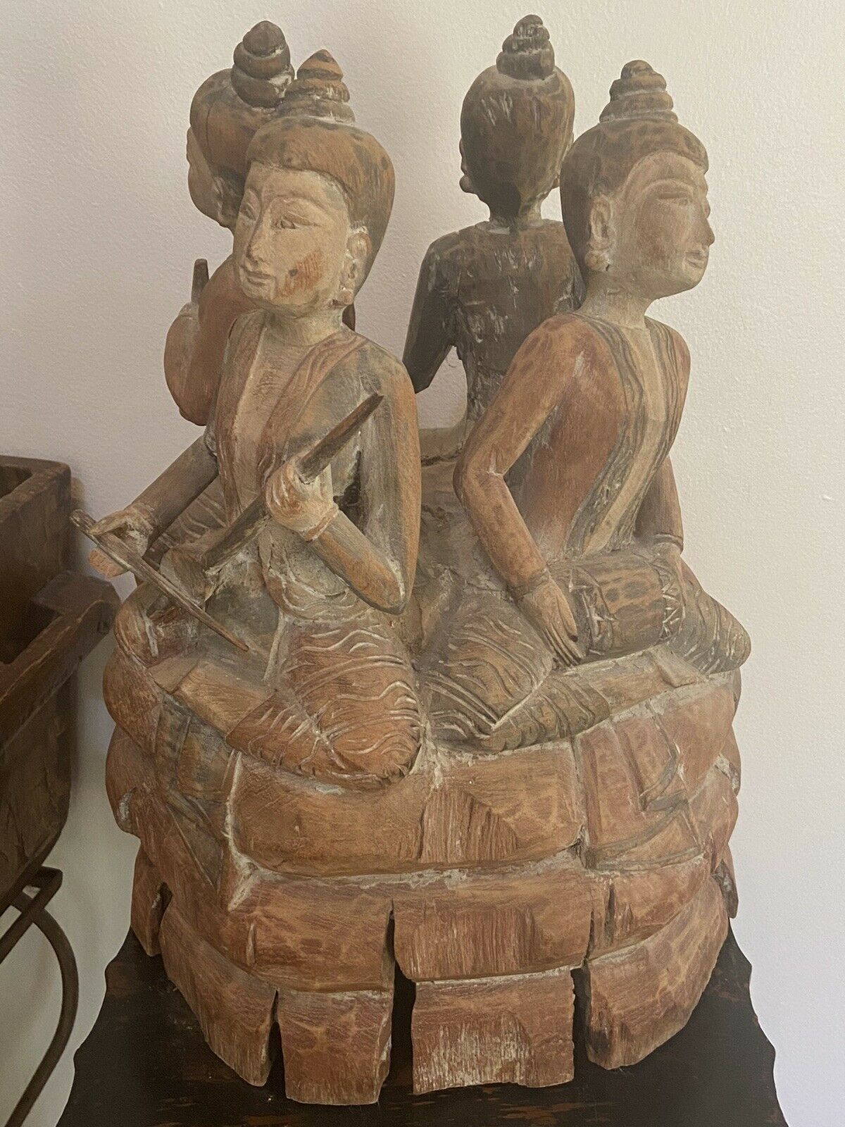 ANTIQUE THAI BUDDHAS PLAYING INSTRUMENTS LARGE WOOD LOG CARVING RARE