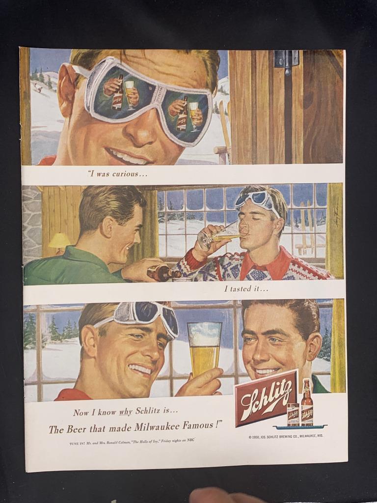Magazine Ad* - 1950 - Schlitz Beer - Skiing