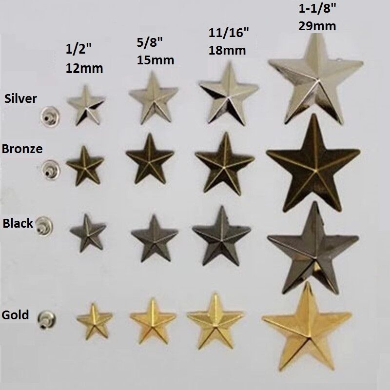 Pkg 10 Metal Star 1/2" To 1-5/8" (12 To 40mm) Rivet Studs Crafts 6mm Post (1085)