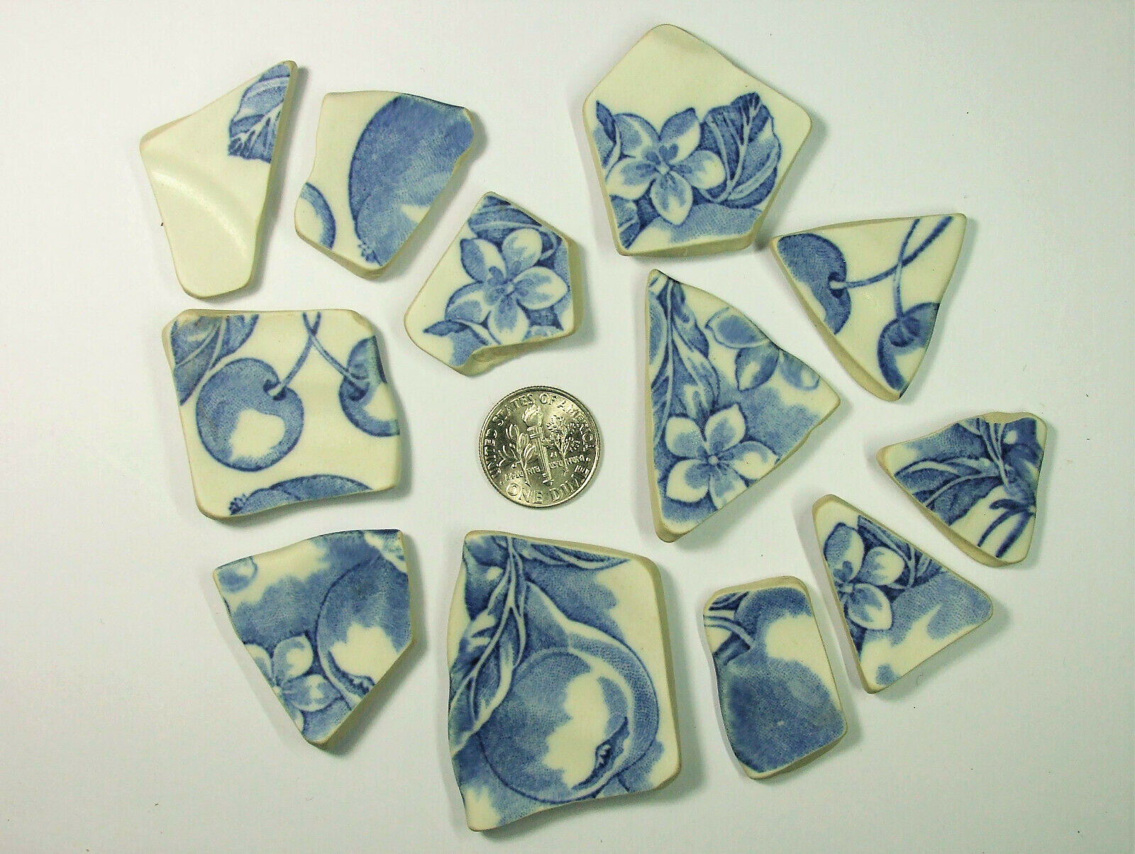 Blue & White Fruit & Flowers Cultured Sea Glass & Pottery Shards
