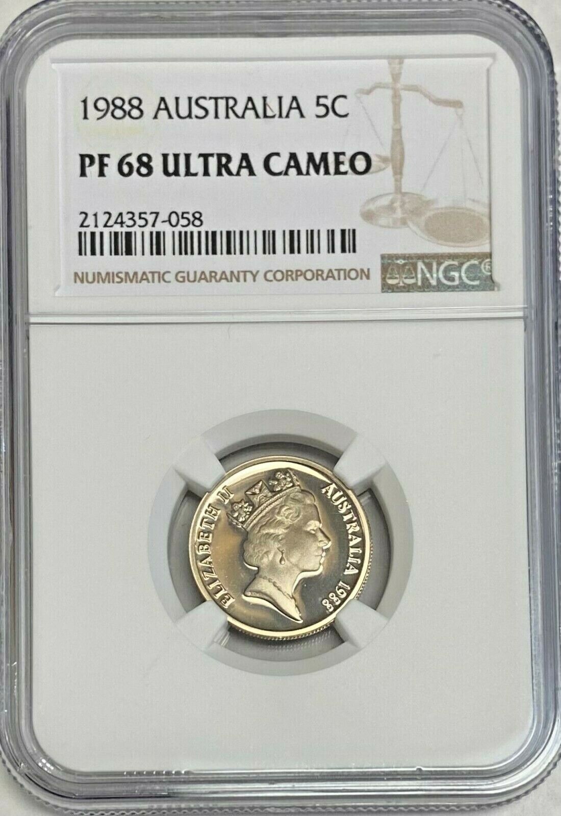 1988 AUSTRALIA 5 CENTS NGC PF 68 ULTRA CAMEO ONLY 2 GRADED HIGHER