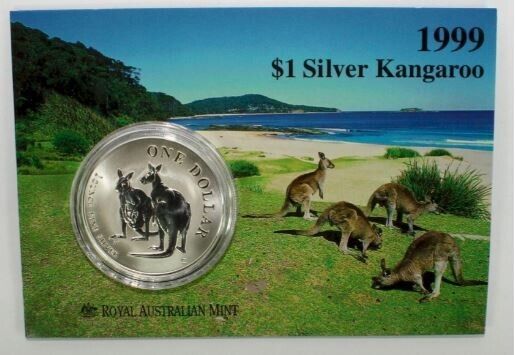 1999 Australia Kangaroo 1 Oz Silver Dollar - Original Royal Mint Card