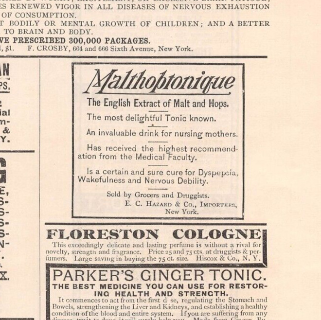 1880 BEER ads Malthoptonique, EC Hazard & Co Importers, HOP BITTERS 