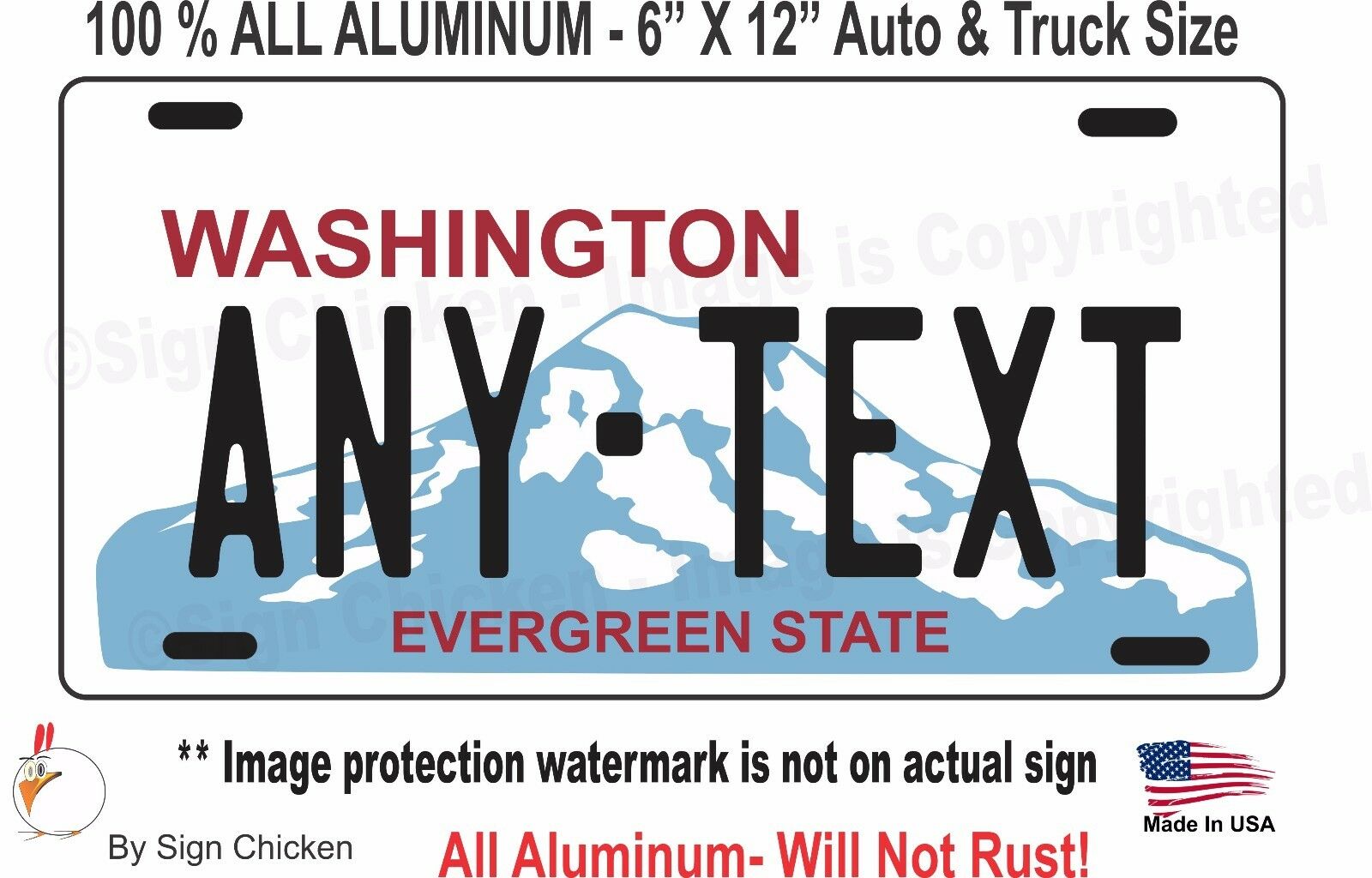 Custom Personalized License Plate WASHINGTON, WA TAG Vanity ALUMINUM - AUTO 6x12