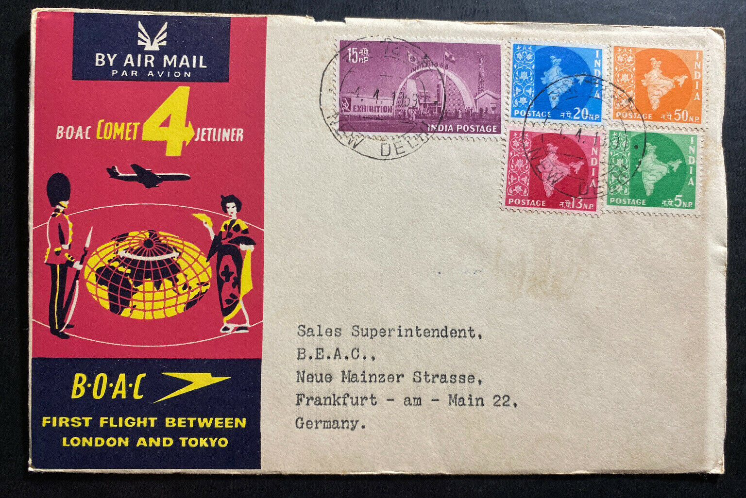 1959 New Delhi India First Flight Airmail Cover Ffc To Frankfurt Germany Boac