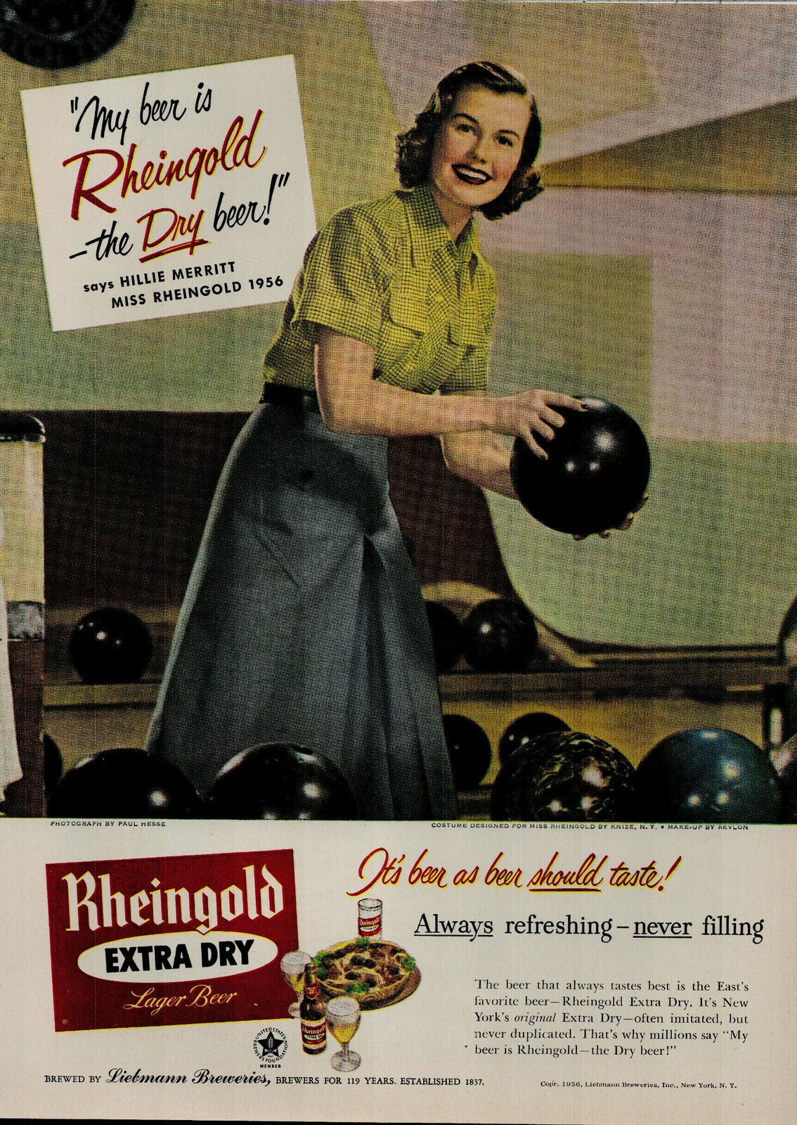 1956 Miss Rheingold Extra Dry Larger Beer Women Bowling Vintage Print Ad 3162